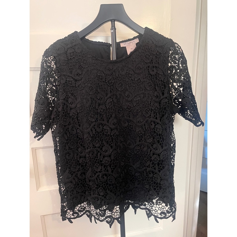 Philosophy Republic Clothing Black Lace Blouse L Lined Sheer Sleeve Scalloped